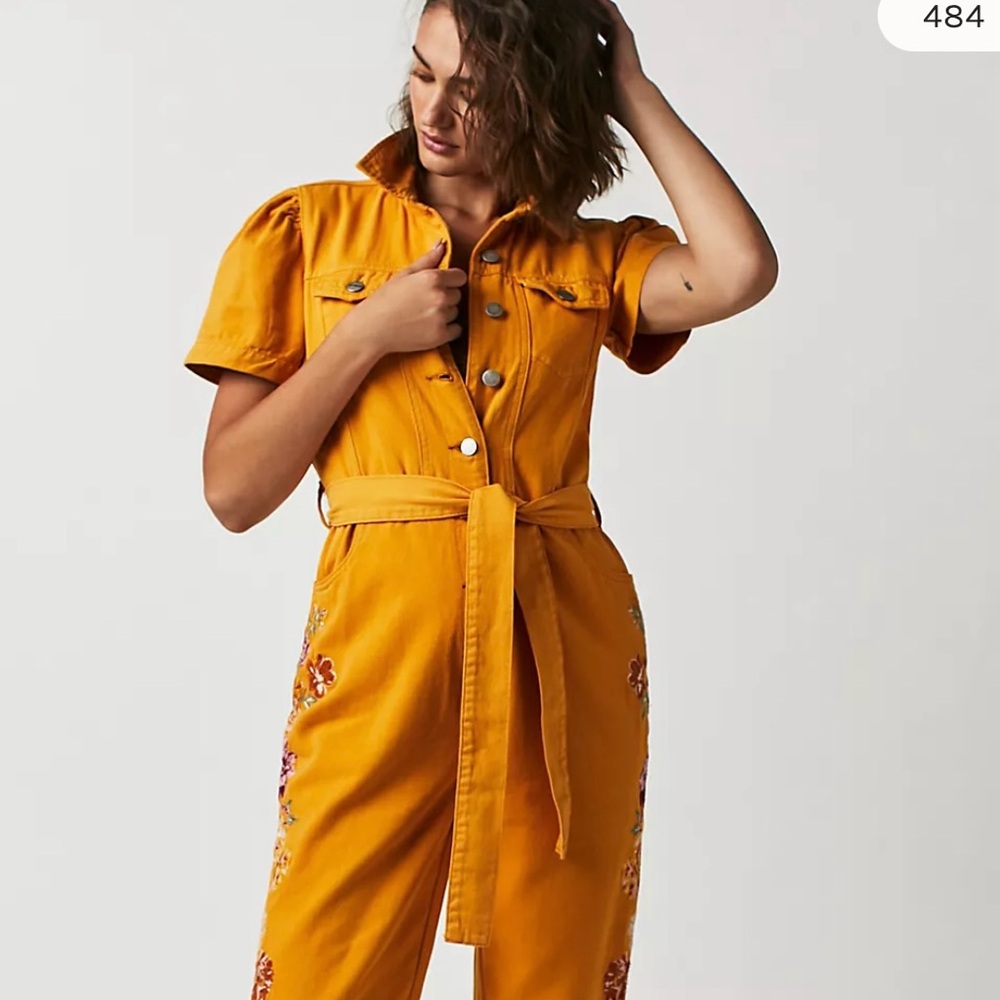 Free People Mustard Jumpsuit with Embroidered Accents